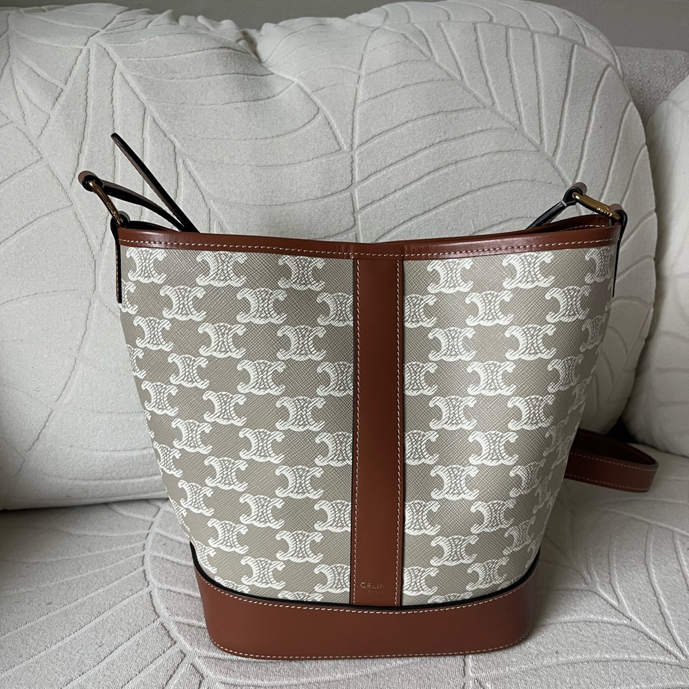 Celine Triomphe Tan and Grey Monogram Bucket Bag